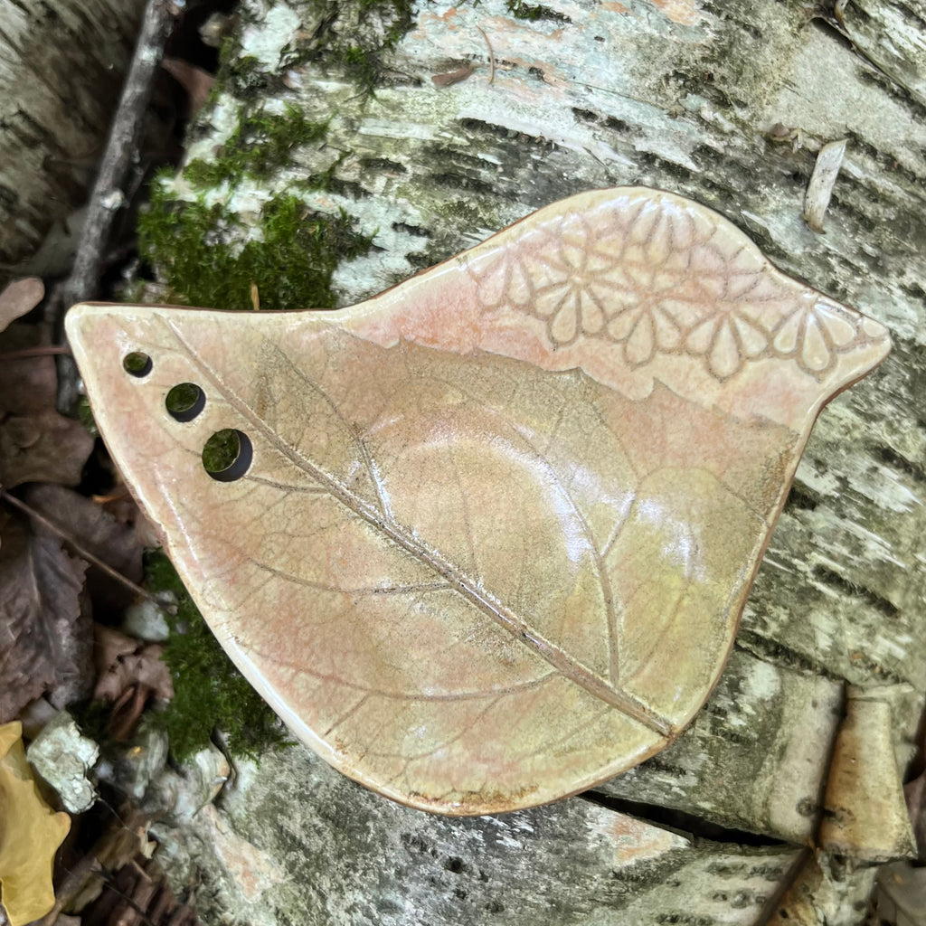 Herb Stripper Dish - Bird with leaf print, lace, wood grain