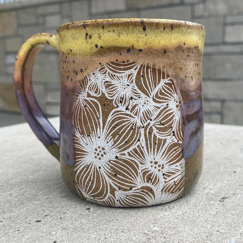 Mug with dogwood pattern, sunrise glaze (C29)